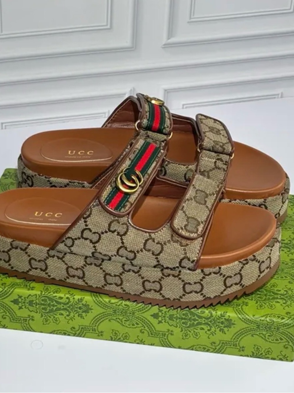 Beige Patterned Platform Slide Sandals with Green-Red Accent